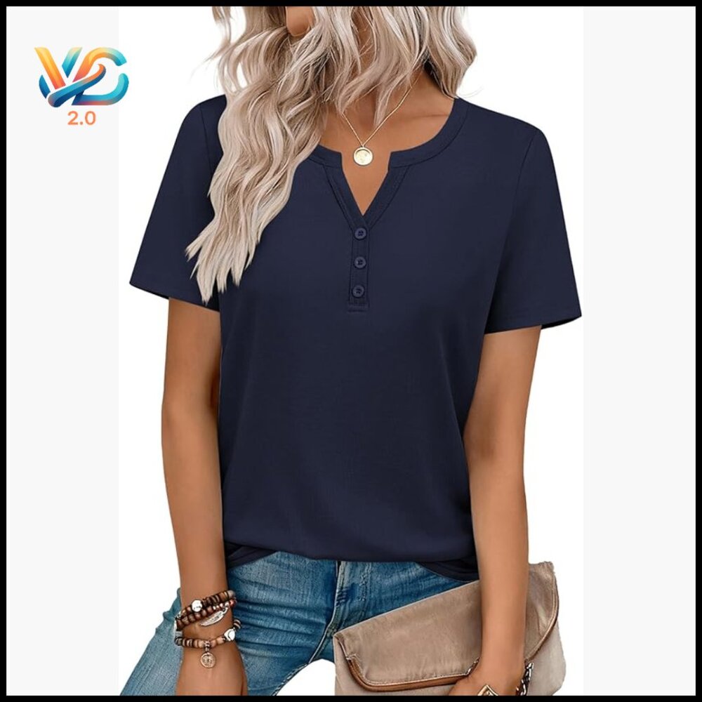 Loose Fit Short Sleeve Henley V-Neck Blouse Polyester Spandex Casual Dressy